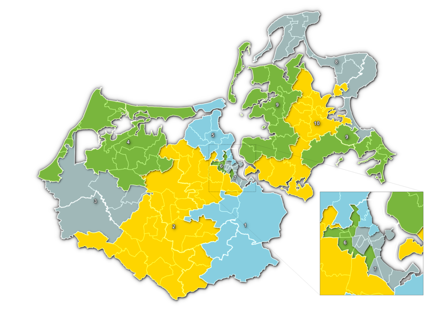 Karte des Landkreis Vorpommern-Rügen. Aufteilung in zehn Wahlkreise.